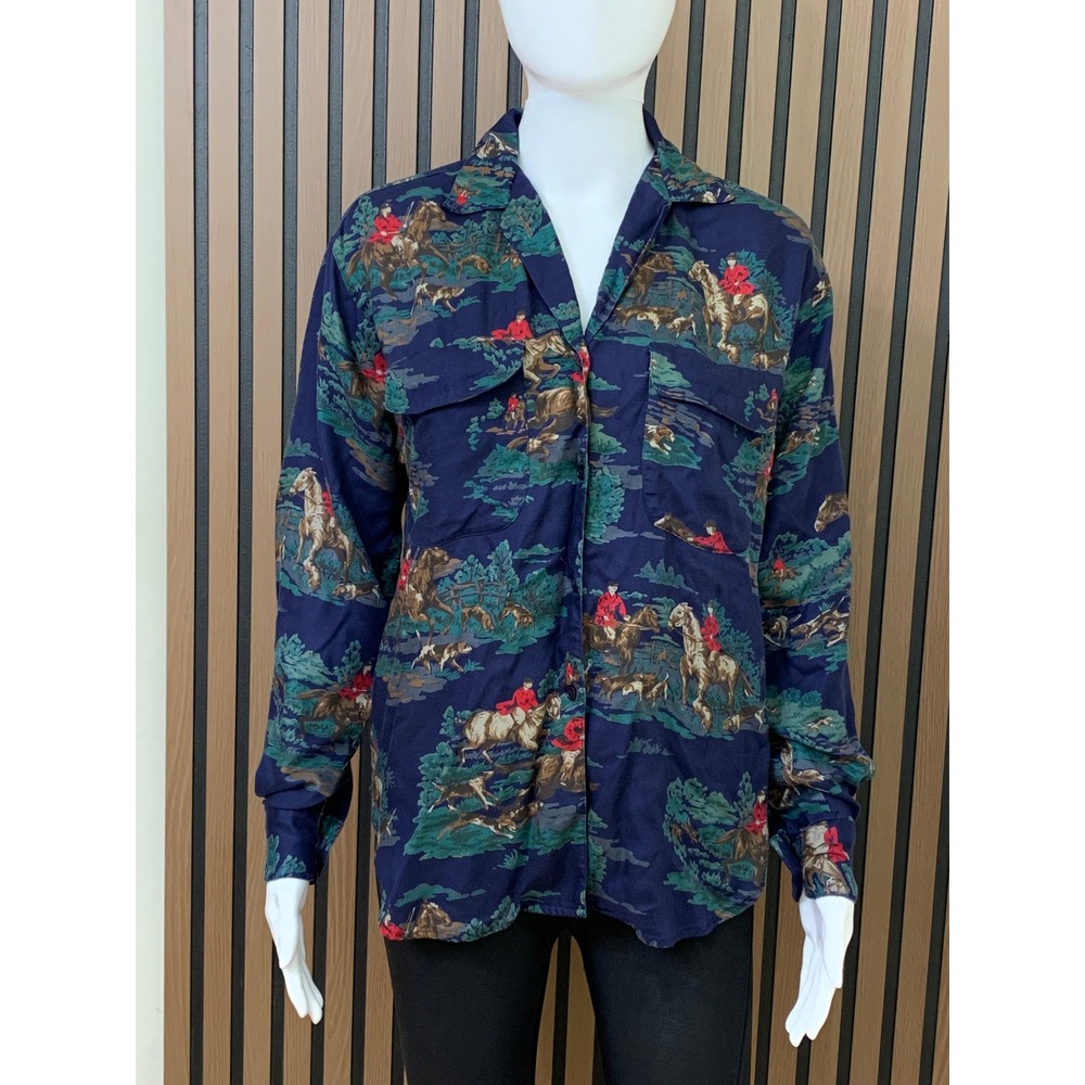 Vintage Rondina Women's Equestrian Fox Hunt Print Rayon Blouse Navy Blue 4